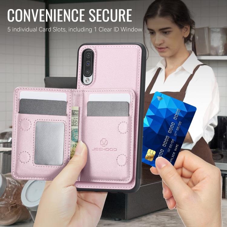 For Samsung Galaxy A50 JEEHOOD J12 Exquisite RFID MagSafe Zipper Card Bag Phone Case