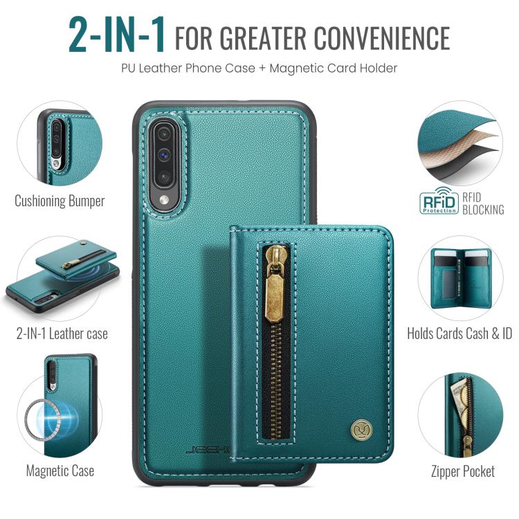 For Samsung Galaxy A50 JEEHOOD J12 Exquisite RFID MagSafe Zipper Card Bag Phone Case