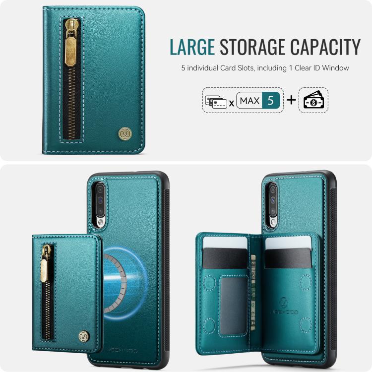 For Samsung Galaxy A50 JEEHOOD J12 Exquisite RFID MagSafe Zipper Card Bag Phone Case