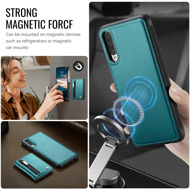 For Samsung Galaxy A50 JEEHOOD J12 Exquisite RFID MagSafe Zipper Card Bag Phone Case