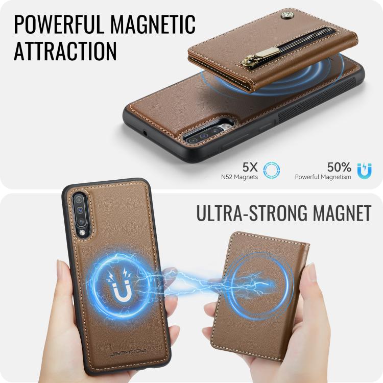 For Samsung Galaxy A50 JEEHOOD J12 Exquisite RFID MagSafe Zipper Card Bag Phone Case
