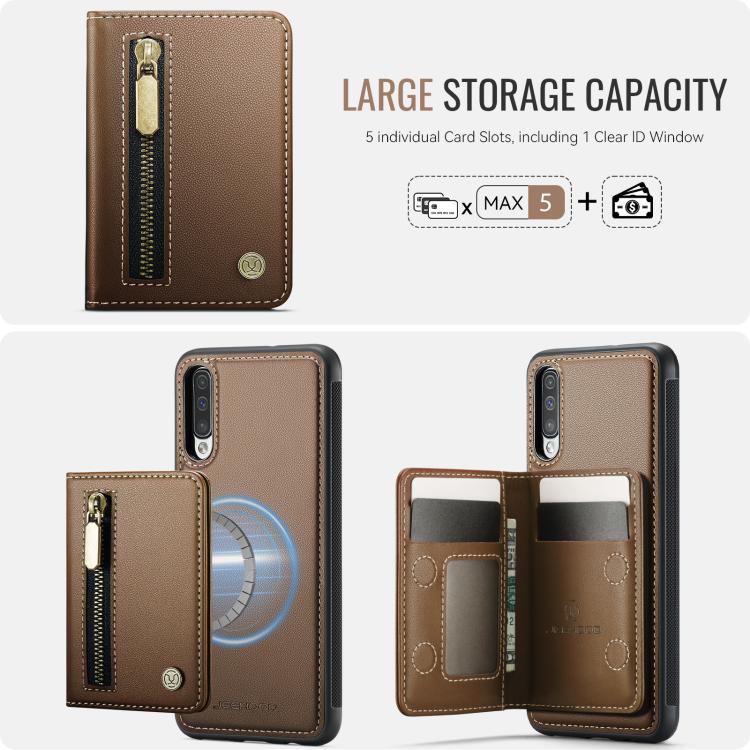For Samsung Galaxy A50 JEEHOOD J12 Exquisite RFID MagSafe Zipper Card Bag Phone Case