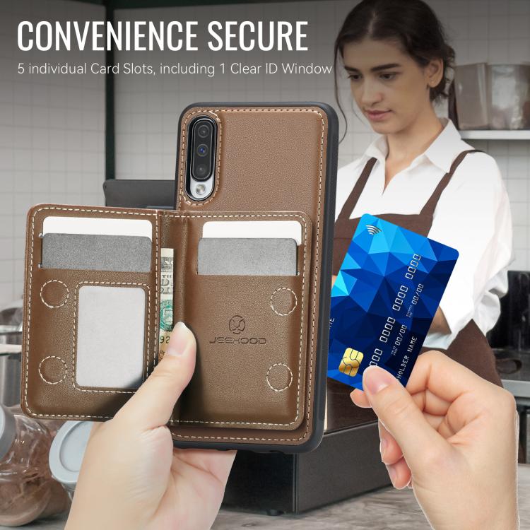 For Samsung Galaxy A50 JEEHOOD J12 Exquisite RFID MagSafe Zipper Card Bag Phone Case