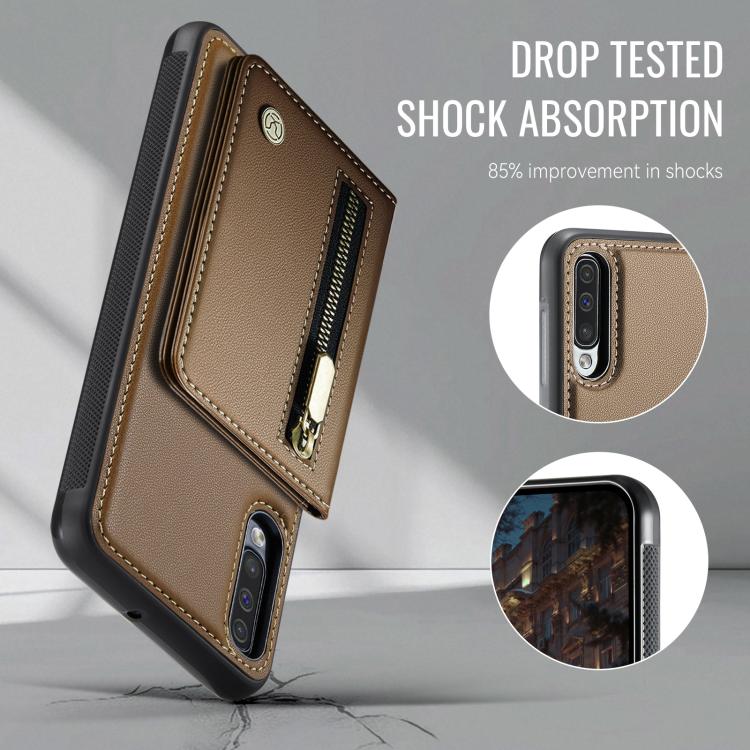 For Samsung Galaxy A50 JEEHOOD J12 Exquisite RFID MagSafe Zipper Card Bag Phone Case