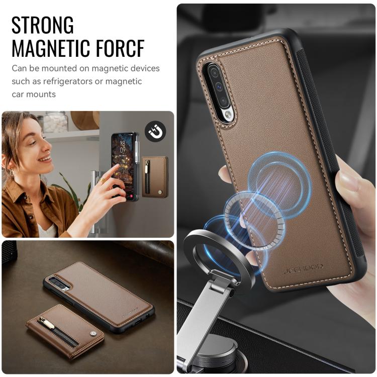 For Samsung Galaxy A50 JEEHOOD J12 Exquisite RFID MagSafe Zipper Card Bag Phone Case