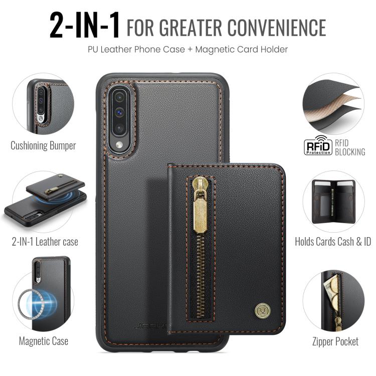 For Samsung Galaxy A50 JEEHOOD J12 Exquisite RFID MagSafe Zipper Card Bag Phone Case