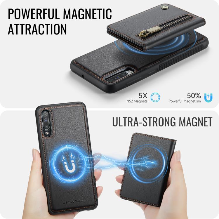 For Samsung Galaxy A50 JEEHOOD J12 Exquisite RFID MagSafe Zipper Card Bag Phone Case