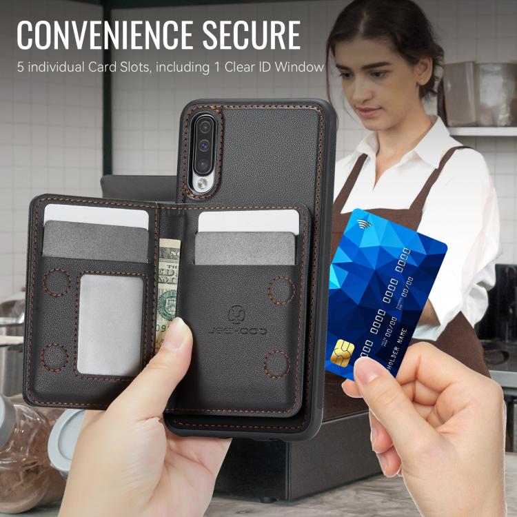 For Samsung Galaxy A50 JEEHOOD J12 Exquisite RFID MagSafe Zipper Card Bag Phone Case