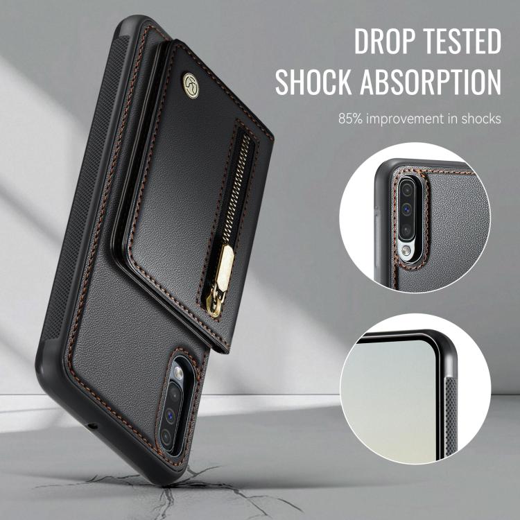 For Samsung Galaxy A50 JEEHOOD J12 Exquisite RFID MagSafe Zipper Card Bag Phone Case