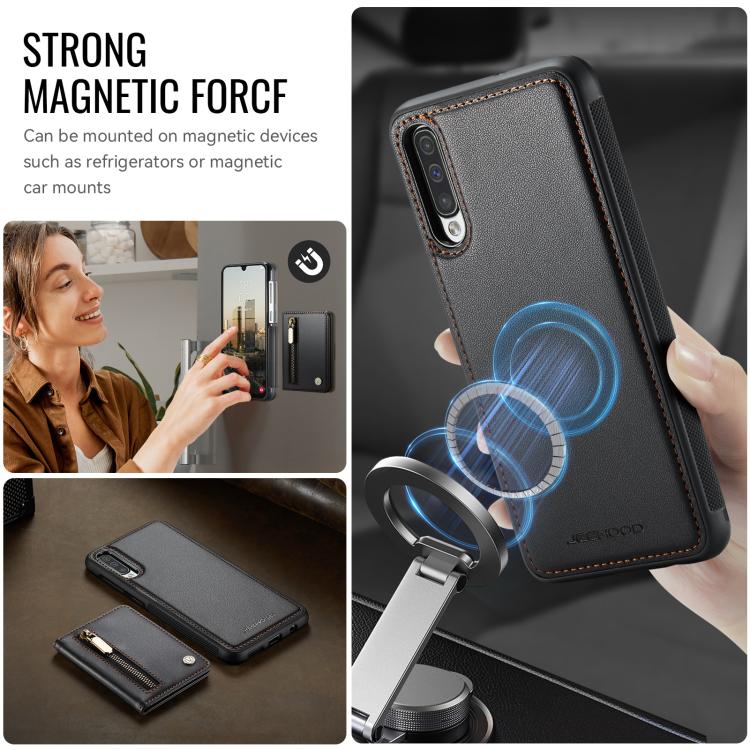 For Samsung Galaxy A50 JEEHOOD J12 Exquisite RFID MagSafe Zipper Card Bag Phone Case