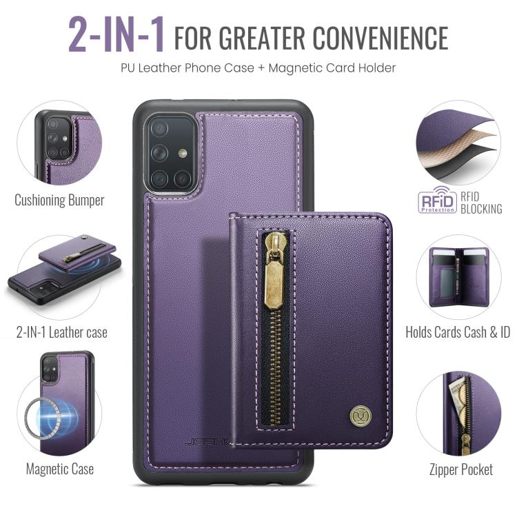 For Samsung Galaxy A51 4G JEEHOOD J12 Exquisite RFID MagSafe Zipper Card Bag Phone Case