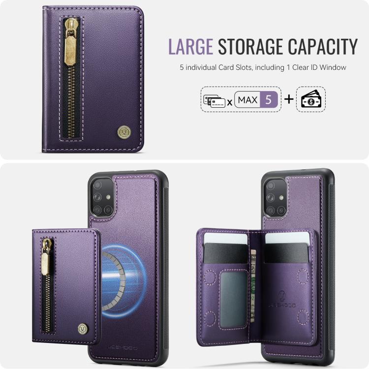 For Samsung Galaxy A51 4G JEEHOOD J12 Exquisite RFID MagSafe Zipper Card Bag Phone Case