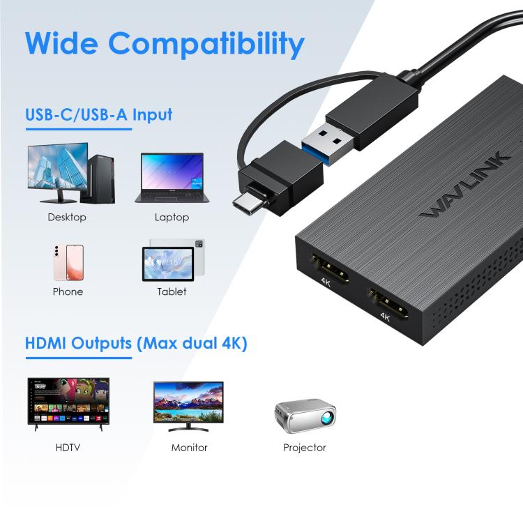 WAVLINK WL-UG6902H USB-A and USB-C / Type-C to Dual HDMI 4K 60Hz Display Adapter - Black