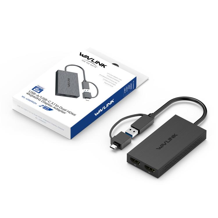 WAVLINK WL-UG6902H USB-A and USB-C / Type-C to Dual HDMI 4K 60Hz Display Adapter - Black