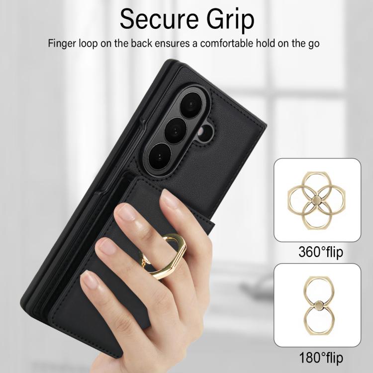 For Samsung Galaxy Z Fold7 5G Integrated Flip Cover Card Slot Holder Leather Phone Case with Ring