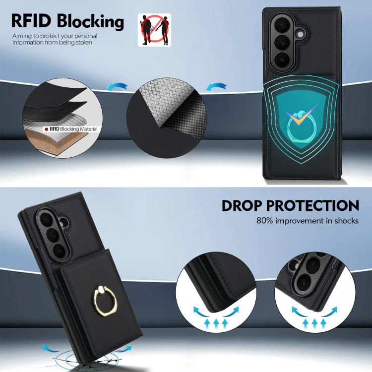 For Samsung Galaxy Z Fold7 5G Integrated Flip Cover Card Slot Holder Leather Phone Case with Ring
