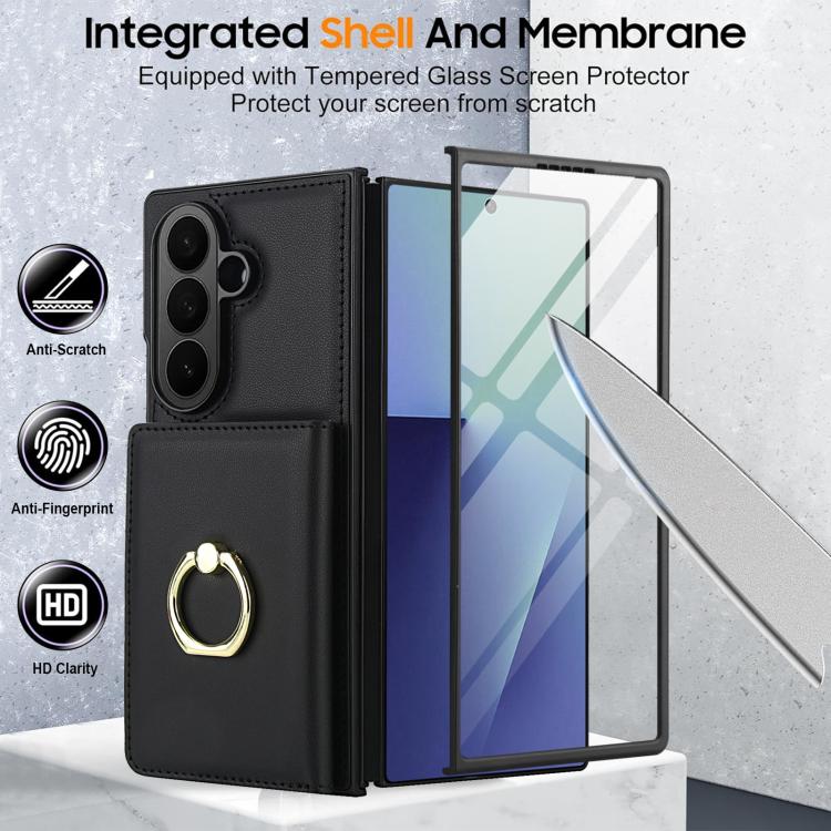 For Samsung Galaxy Z Fold7 5G Integrated Flip Cover Card Slot Holder Leather Phone Case with Ring