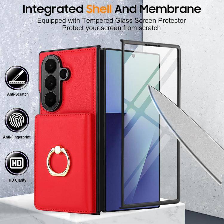 For Samsung Galaxy Z Fold7 5G Integrated Flip Cover Card Slot Holder Leather Phone Case with Ring