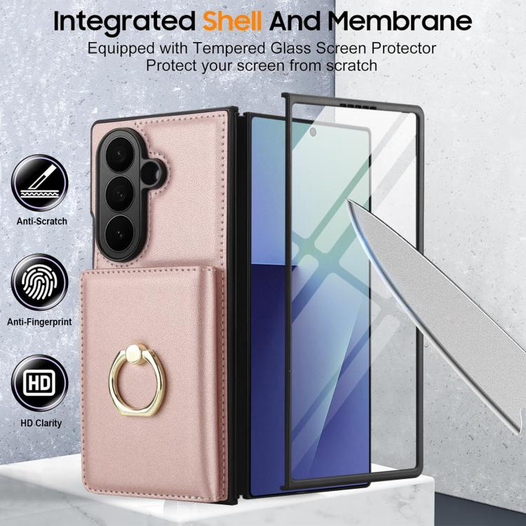 For Samsung Galaxy Z Fold7 5G Integrated Flip Cover Card Slot Holder Leather Phone Case with Ring