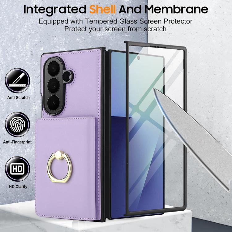 For Samsung Galaxy Z Fold7 5G Integrated Flip Cover Card Slot Holder Leather Phone Case with Ring