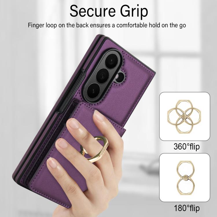 For Samsung Galaxy Z Fold7 5G Integrated Flip Cover Card Slot Holder Leather Phone Case with Ring