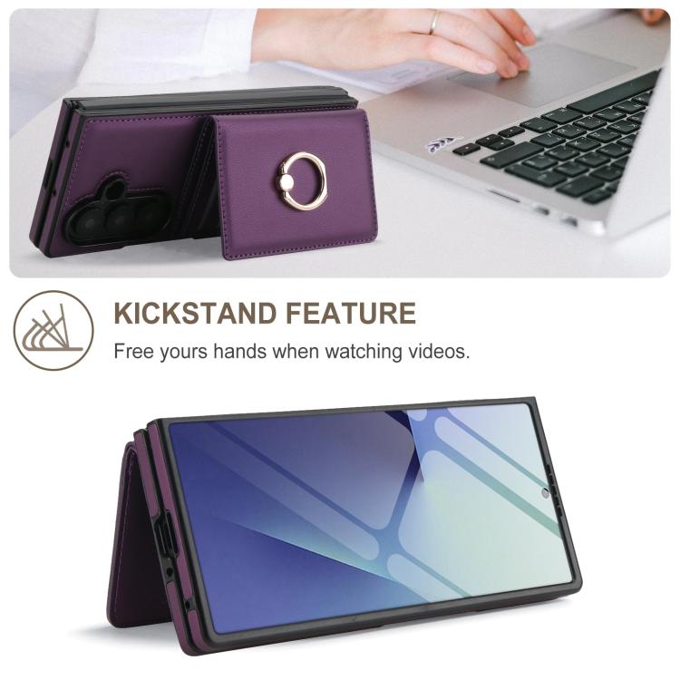 For Samsung Galaxy Z Fold7 5G Integrated Flip Cover Card Slot Holder Leather Phone Case with Ring