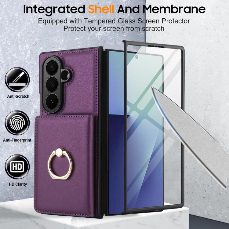 For Samsung Galaxy Z Fold7 5G Integrated Flip Cover Card Slot Holder Leather Phone Case with Ring