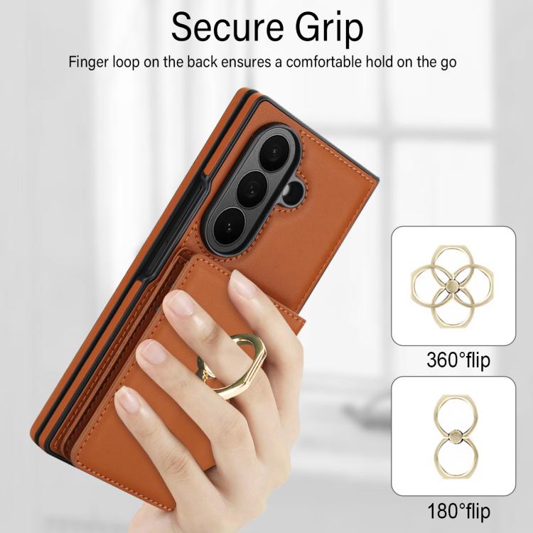 For Samsung Galaxy Z Fold7 5G Integrated Flip Cover Card Slot Holder Leather Phone Case with Ring