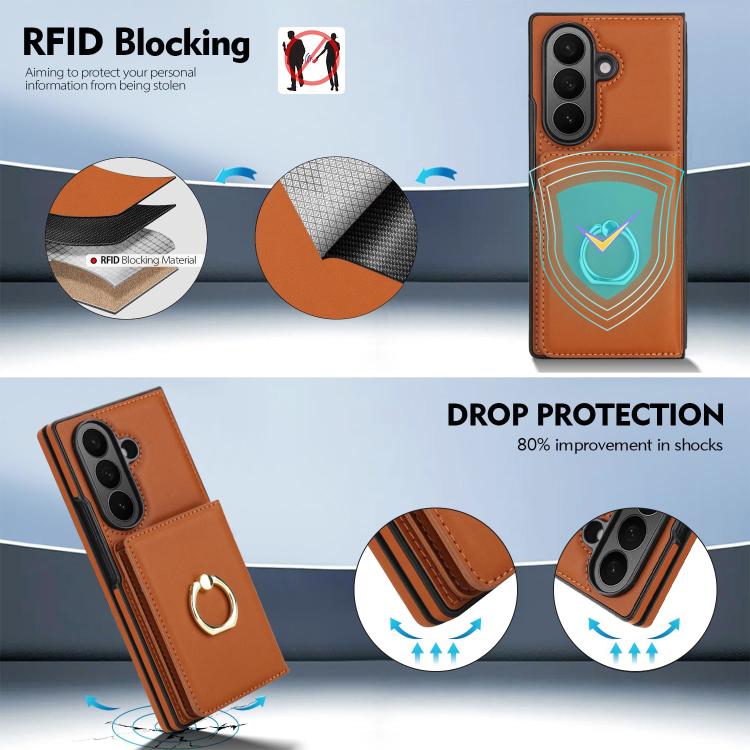 For Samsung Galaxy Z Fold7 5G Integrated Flip Cover Card Slot Holder Leather Phone Case with Ring