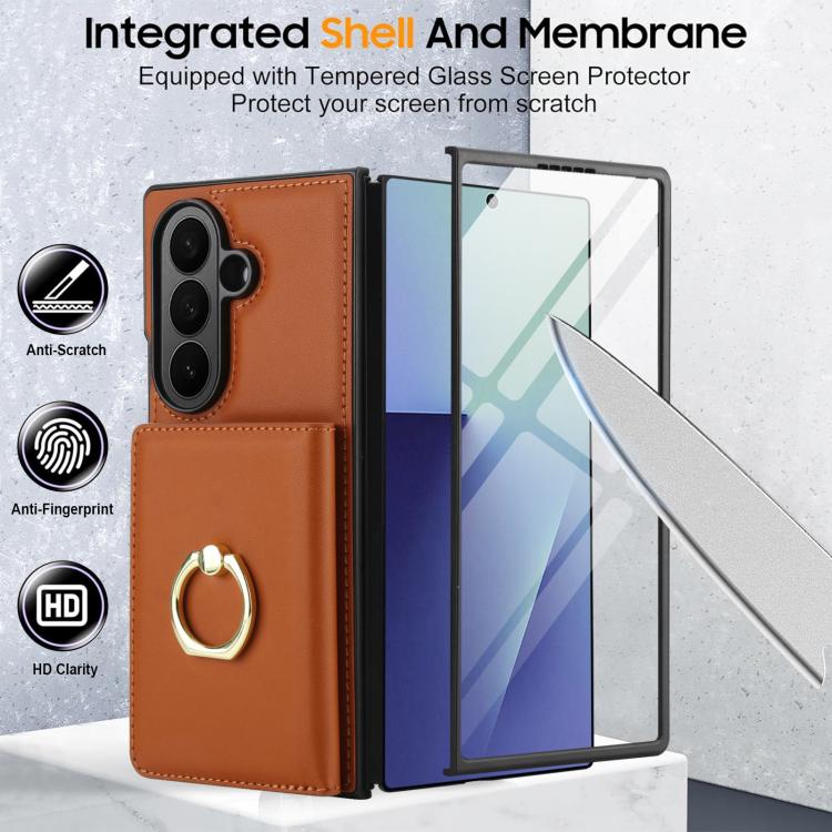 For Samsung Galaxy Z Fold7 5G Integrated Flip Cover Card Slot Holder Leather Phone Case with Ring