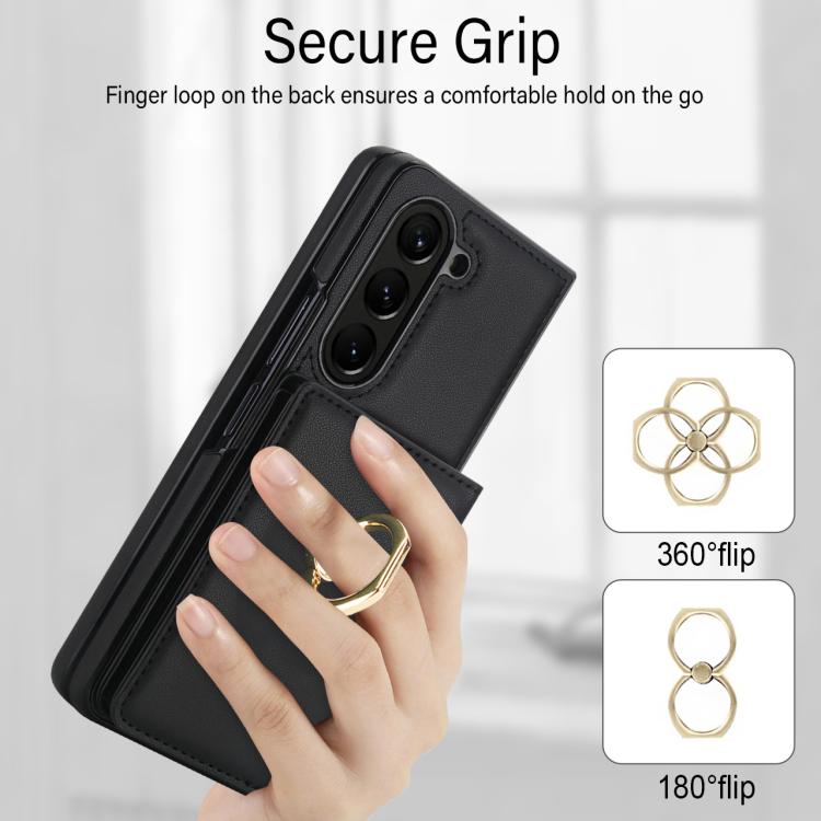 For Samsung Galaxy Z Fold6 5G Integrated Flip Cover Card Slot Holder Leather Phone Case with Ring