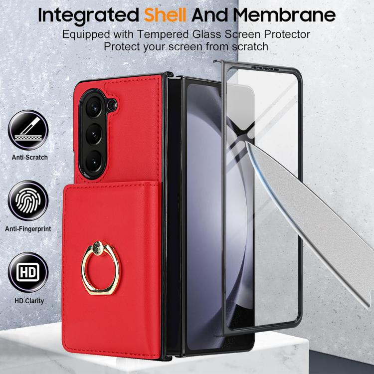 For Samsung Galaxy Z Fold6 5G Integrated Flip Cover Card Slot Holder Leather Phone Case with Ring