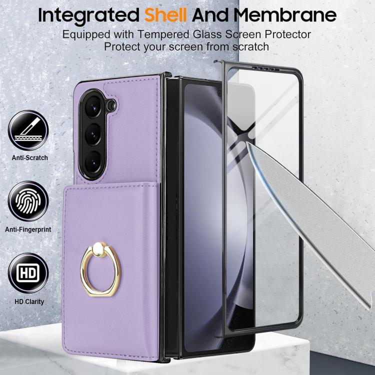 For Samsung Galaxy Z Fold6 5G Integrated Flip Cover Card Slot Holder Leather Phone Case with Ring