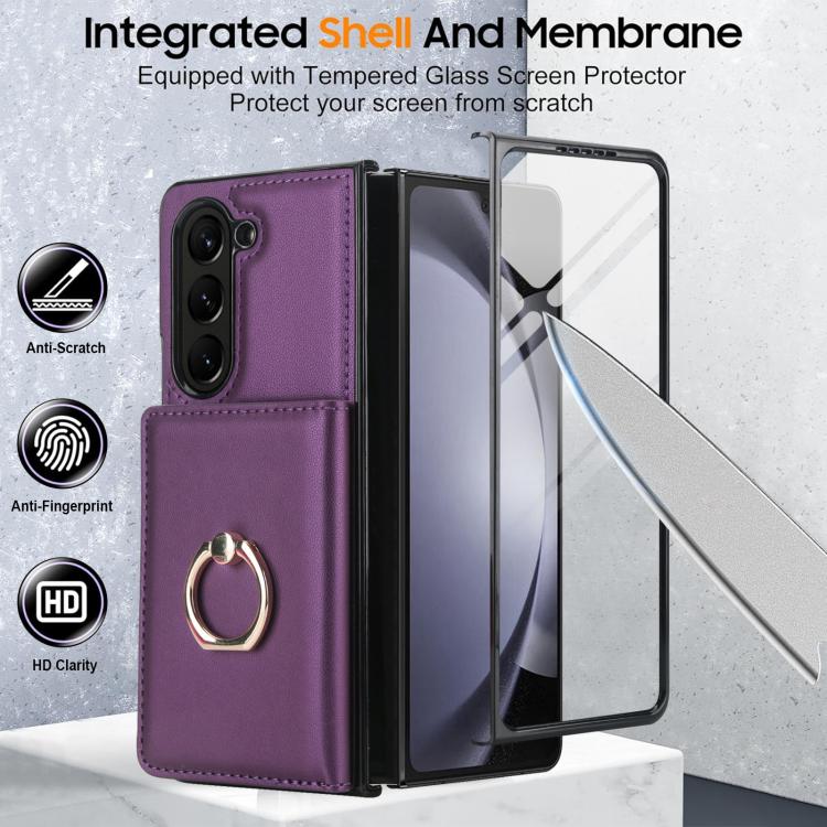 For Samsung Galaxy Z Fold6 5G Integrated Flip Cover Card Slot Holder Leather Phone Case with Ring
