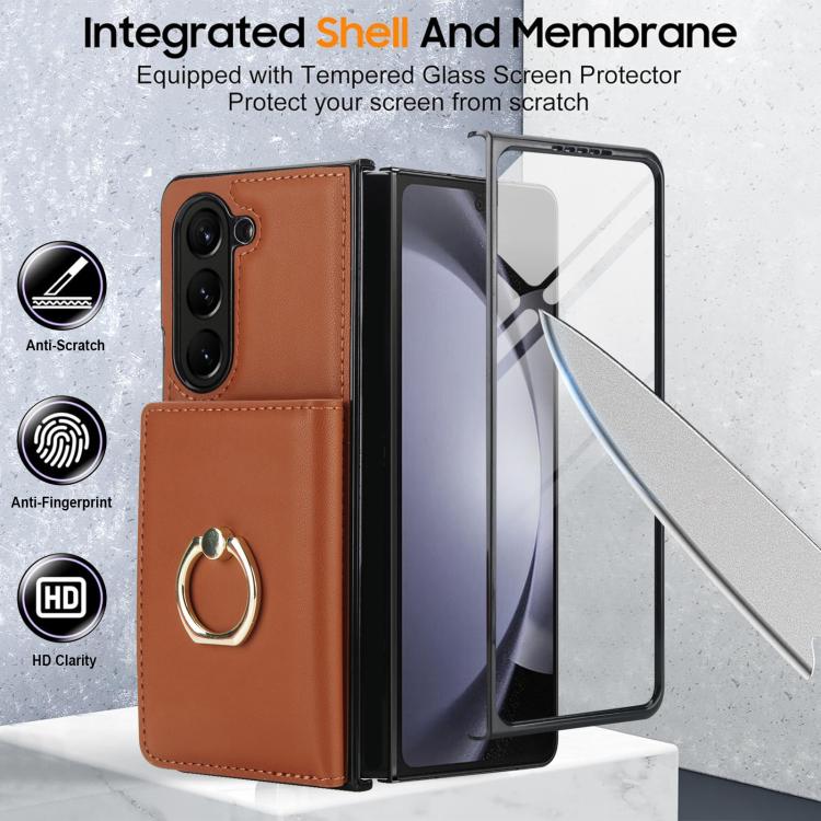 For Samsung Galaxy Z Fold6 5G Integrated Flip Cover Card Slot Holder Leather Phone Case with Ring