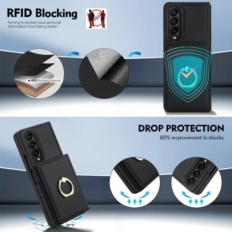 For Samsung Galaxy Z Fold4 5G Integrated Flip Cover Card Slot Holder Leather Phone Case with Ring