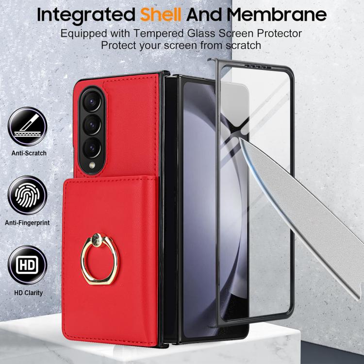 For Samsung Galaxy Z Fold4 5G Integrated Flip Cover Card Slot Holder Leather Phone Case with Ring