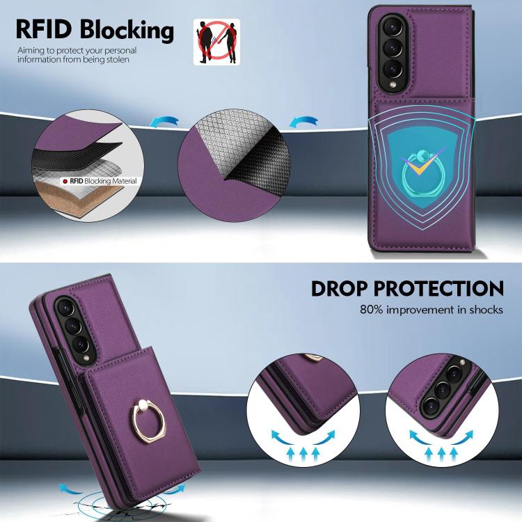 For Samsung Galaxy Z Fold4 5G Integrated Flip Cover Card Slot Holder Leather Phone Case with Ring