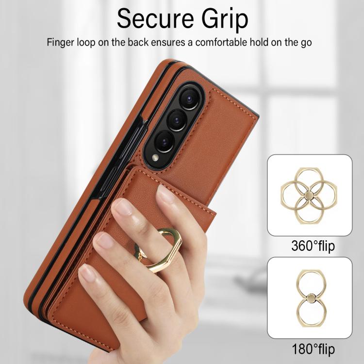 For Samsung Galaxy Z Fold4 5G Integrated Flip Cover Card Slot Holder Leather Phone Case with Ring