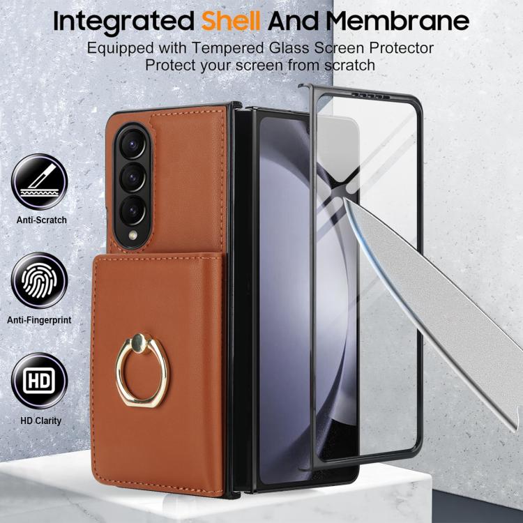 For Samsung Galaxy Z Fold4 5G Integrated Flip Cover Card Slot Holder Leather Phone Case with Ring
