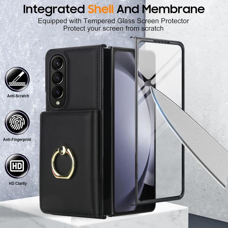 For Samsung Galaxy Z Fold3 5G Integrated Flip Cover Card Slot Holder Leather Phone Case with Ring