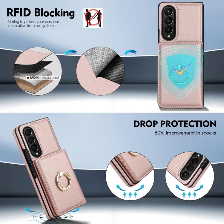 For Samsung Galaxy Z Fold3 5G Integrated Flip Cover Card Slot Holder Leather Phone Case with Ring