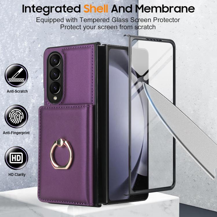 For Samsung Galaxy Z Fold3 5G Integrated Flip Cover Card Slot Holder Leather Phone Case with Ring