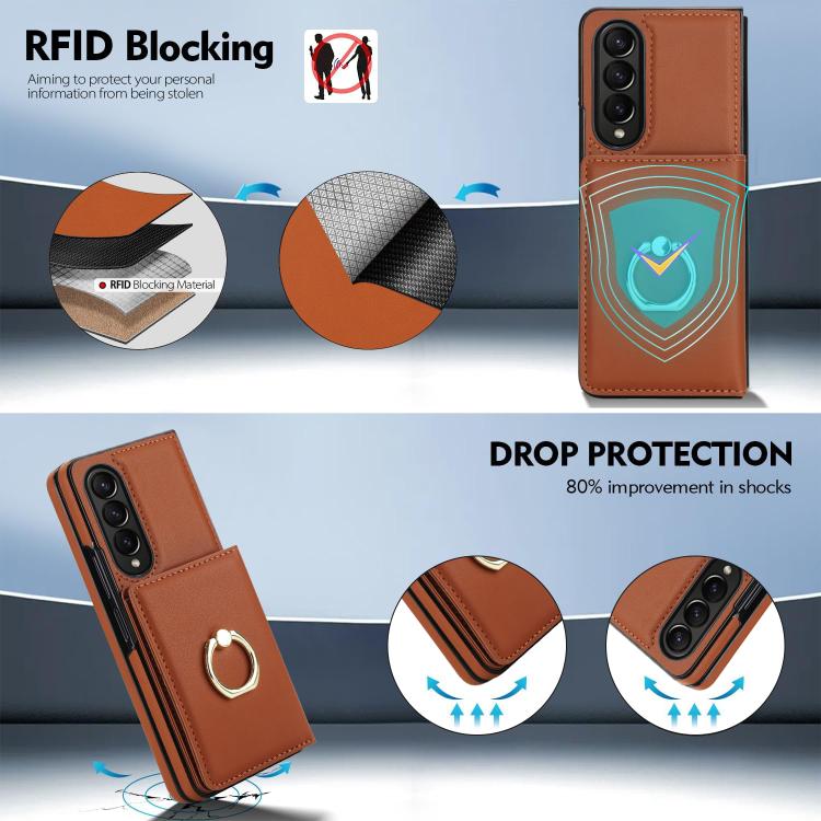 For Samsung Galaxy Z Fold3 5G Integrated Flip Cover Card Slot Holder Leather Phone Case with Ring