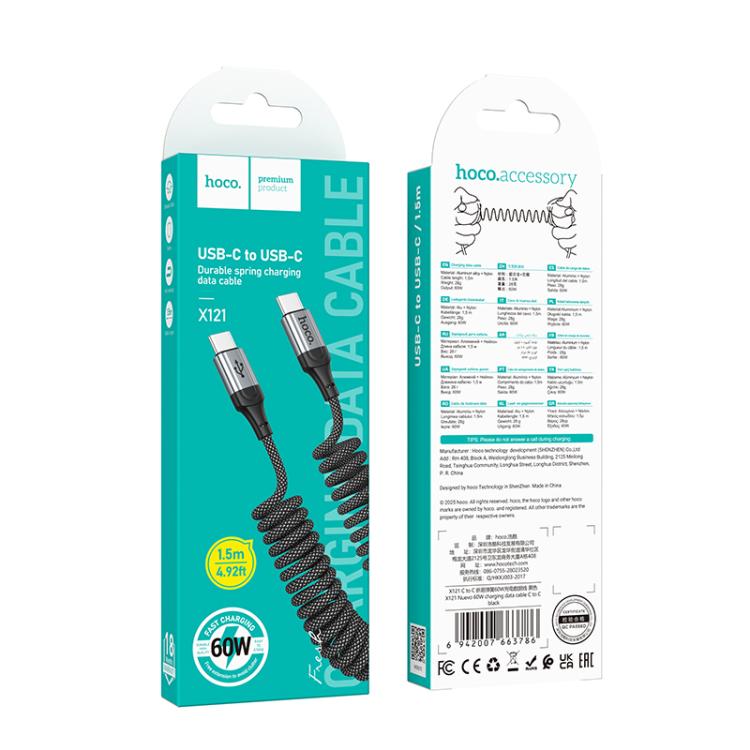 hoco X121 Nuevo 60W Fast Charging Type-C to Type-C Spring Braided Data Cable - Black