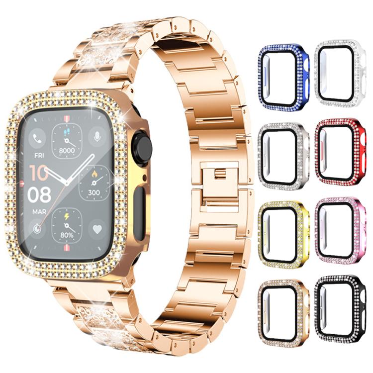 For Apple Watch Series 11 42mm / 10 42mm xDfind Double Row Diamond Tempered Glass Film Integrated PC Watch Cover