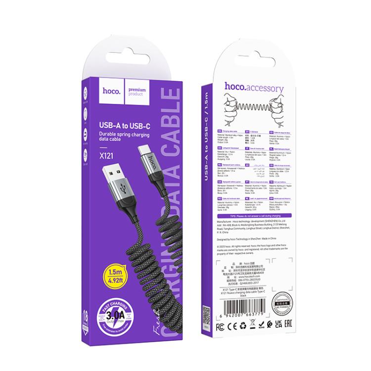 hoco X121 Nuevo Charging USB-A to Type-C Spring Braided Data Cable - Black