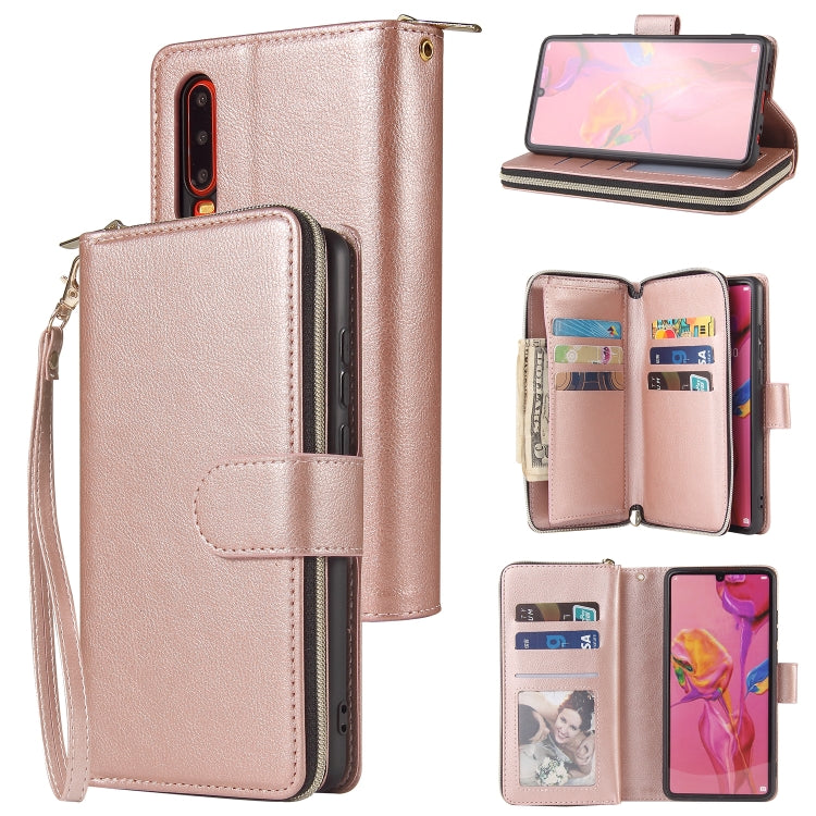 For Huawei P30 Zipper Wallet Bag Horizontal Flip PU Leather Case with Holder & 9 Card Slots & Wallet & Lanyard & Photo Frame