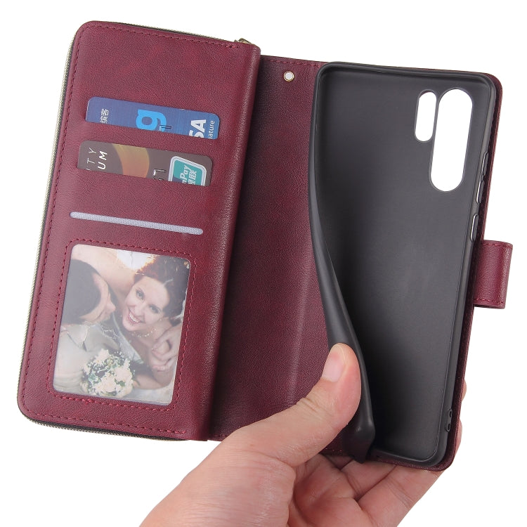 For Huawei P30 Pro Zipper Wallet Bag Horizontal Flip PU Leather Case with Holder & 9 Card Slots & Wallet & Lanyard & Photo Frame