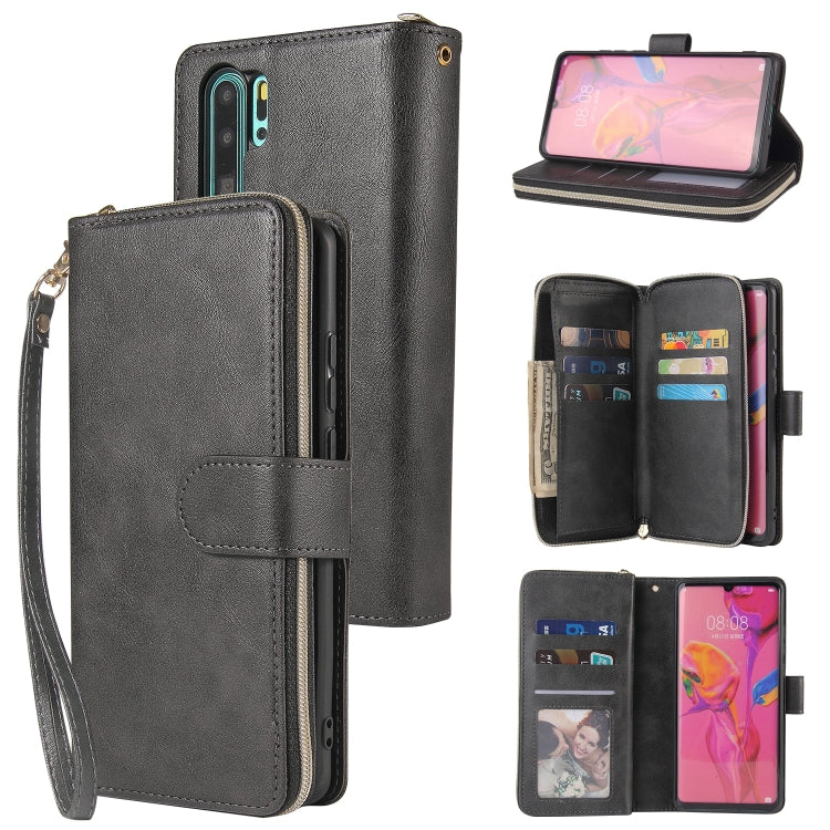 For Huawei P30 Pro Zipper Wallet Bag Horizontal Flip PU Leather Case with Holder & 9 Card Slots & Wallet & Lanyard & Photo Frame